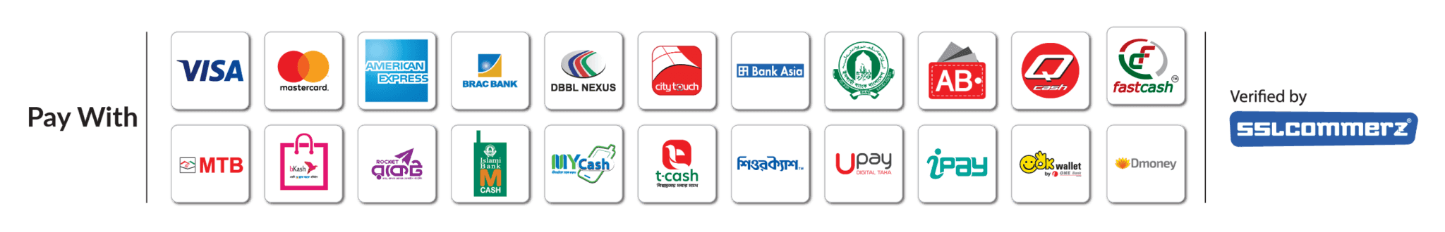 Pay with VISA, Mastercard, bKash, Rocket, and more.